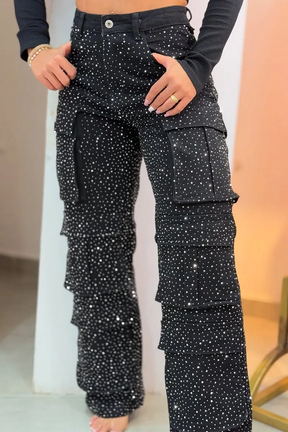 Jean à paillettes décontracté extensible multi-poches avec strass pour femmes