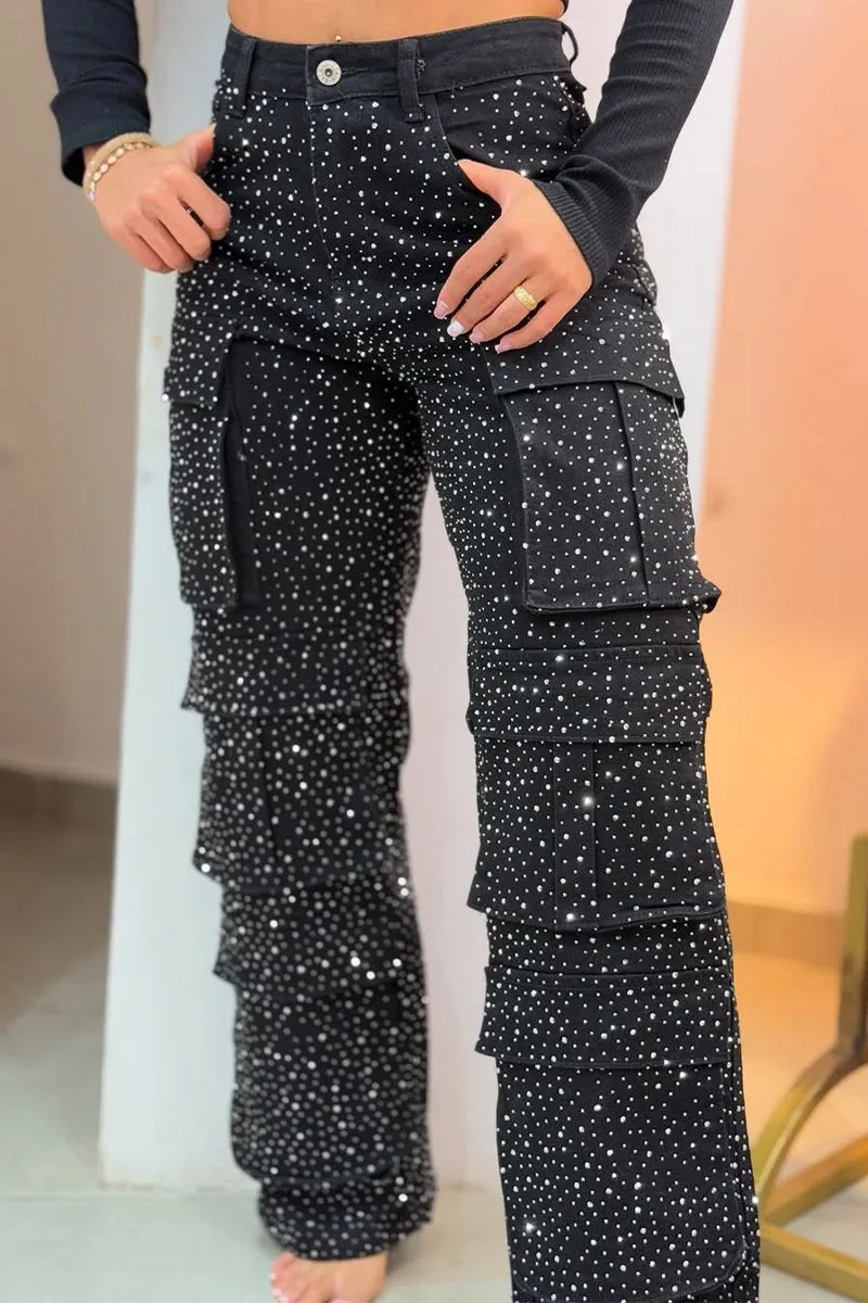 Jean à paillettes décontracté extensible multi-poches avec strass pour femmes